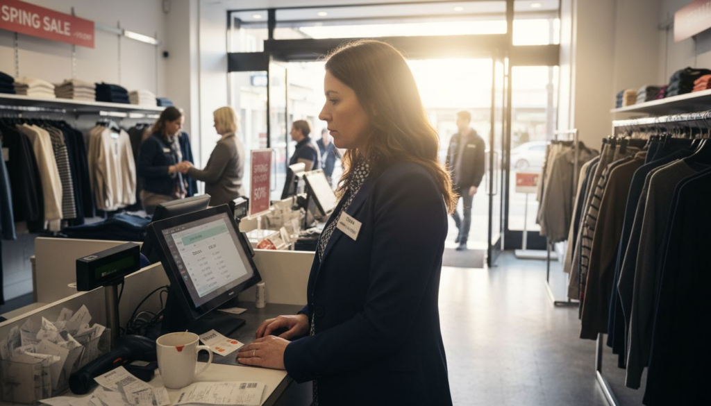 Retail manager using POS terminal at checkout