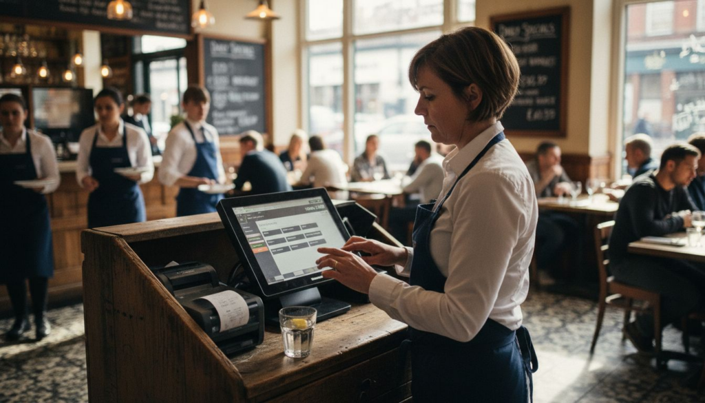 Manager uses touchscreen POS in busy bistro