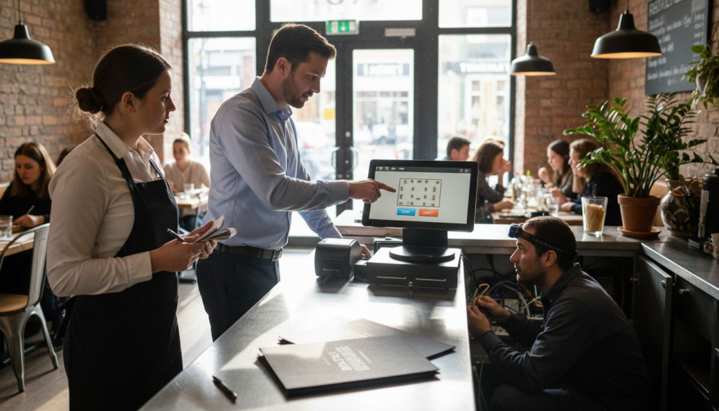 Restaurant team setting up new POS system