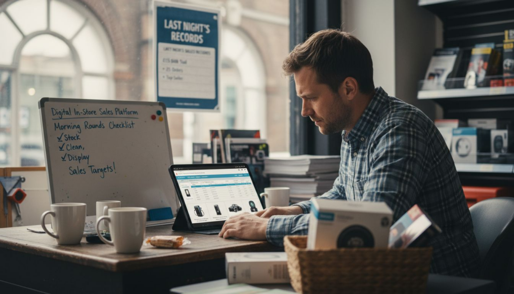 Shop manager reviewing digital sales platform in retail setting