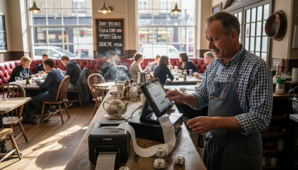 Manager using POS at busy restaurant counter