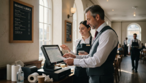 Manager checks POS terminal in hotel restaurant