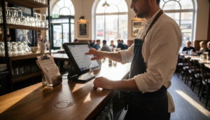 Server entering order on restaurant POS terminal