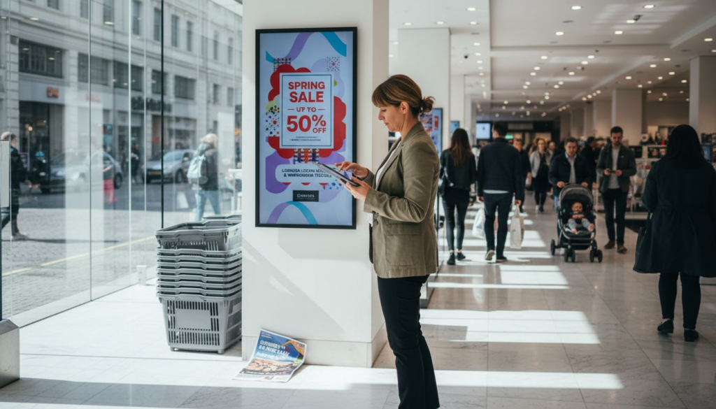 Store manager updating digital sign in London