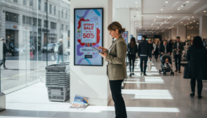 Store manager updating digital sign in London