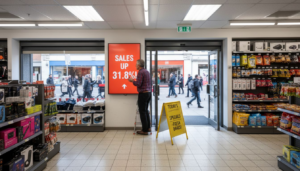 Shop manager adjusting digital signage in UK store
