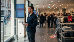 Store manager checks digital signage display