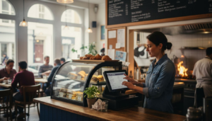 Manager uses POS terminal at UK restaurant