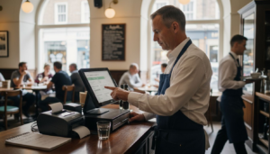 Manager using POS in busy London bistro