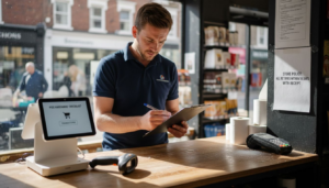 Retail manager with POS hardware at shop counter