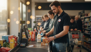 Cashier scans items with barcode at supermarket