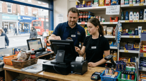 Shop manager training staff on new POS system