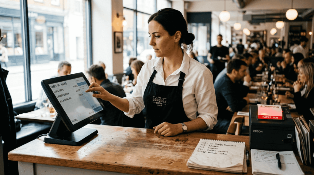 Manager using POS system in busy restaurant