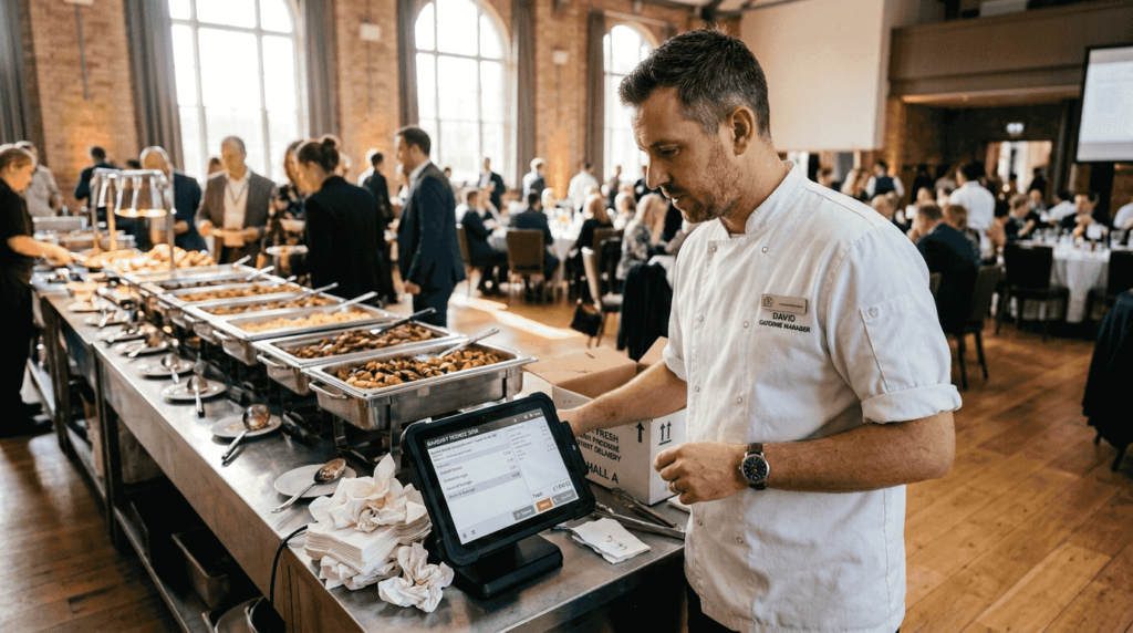 Catering manager operating POS at buffet event