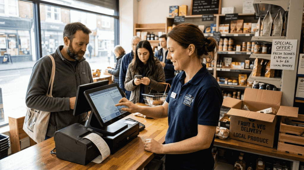 Retail cashier using touchscreen POS system in busy shop