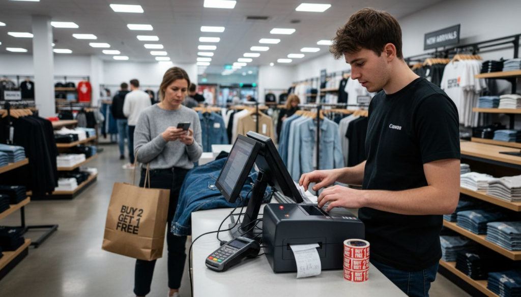 Retail employee scanning items at POS terminal