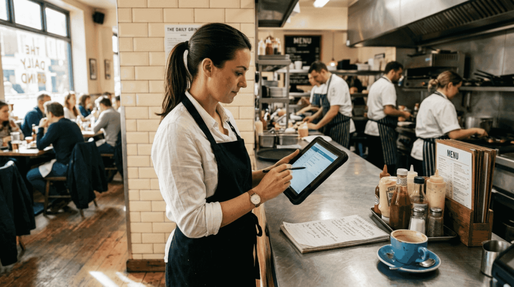 Manager reviewing order at busy restaurant counter