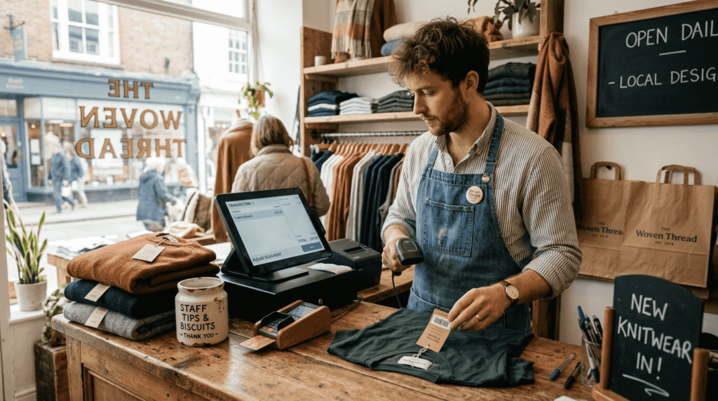 Retail assistant using POS at clothing shop