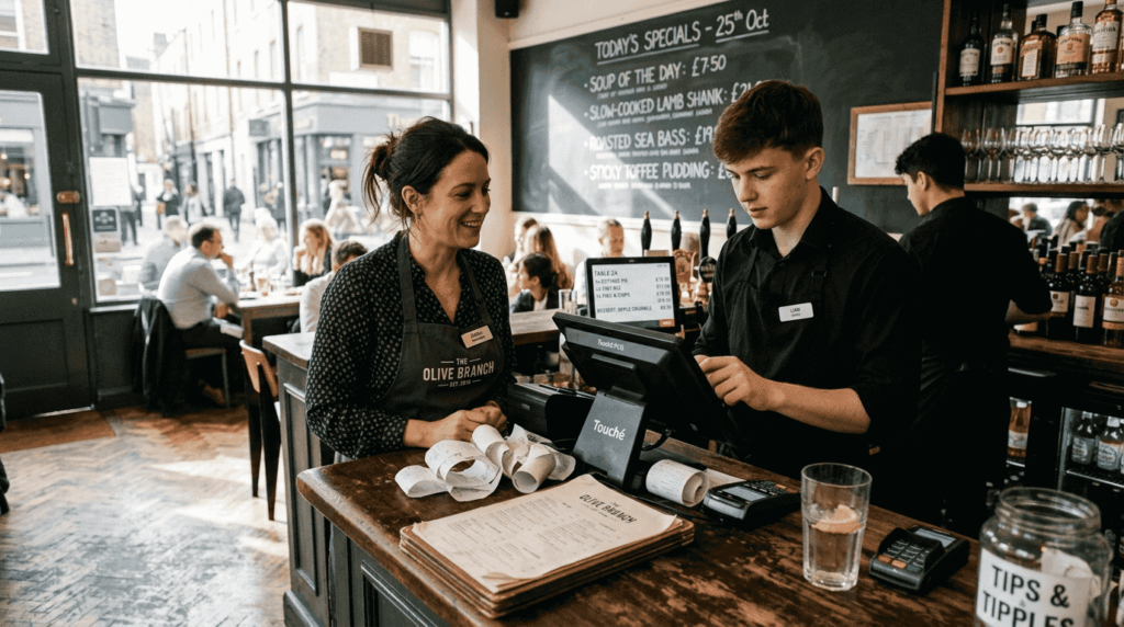 Manager monitoring POS system behind bar counter