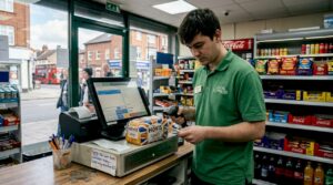 Retail staff operating POS system at counter