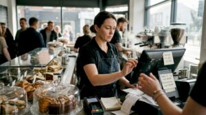 Restaurant manager using POS terminal during service