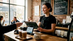 Barista using mobile POS for payment