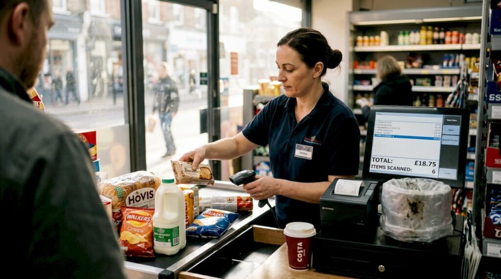 Cashier scanning items at retail checkout