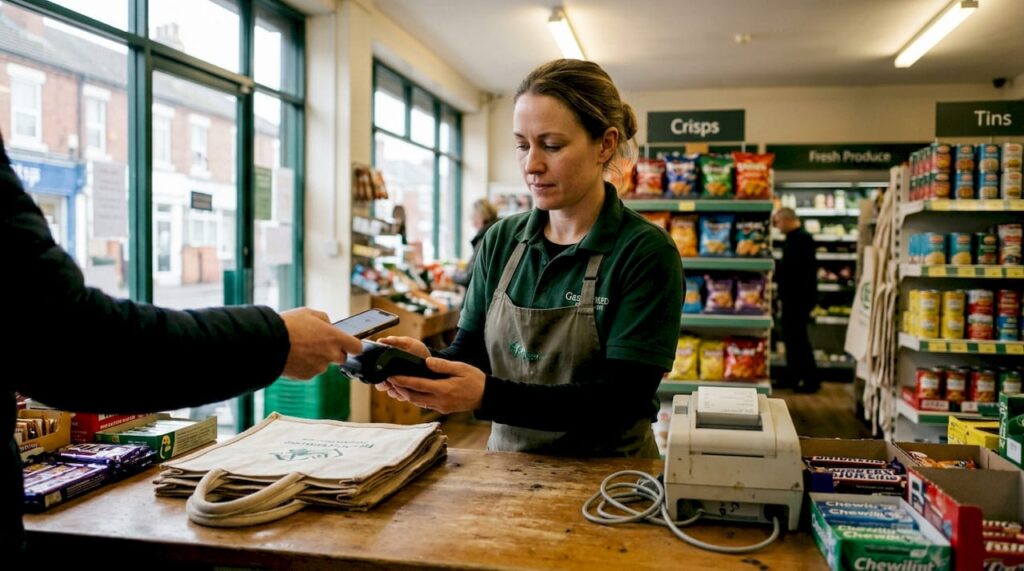 Retail worker using mobile POS at checkout