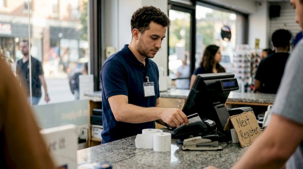 Cashier processing payment at retail counter