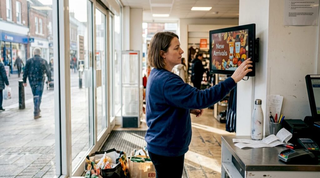 Retail manager adjusting digital signage display