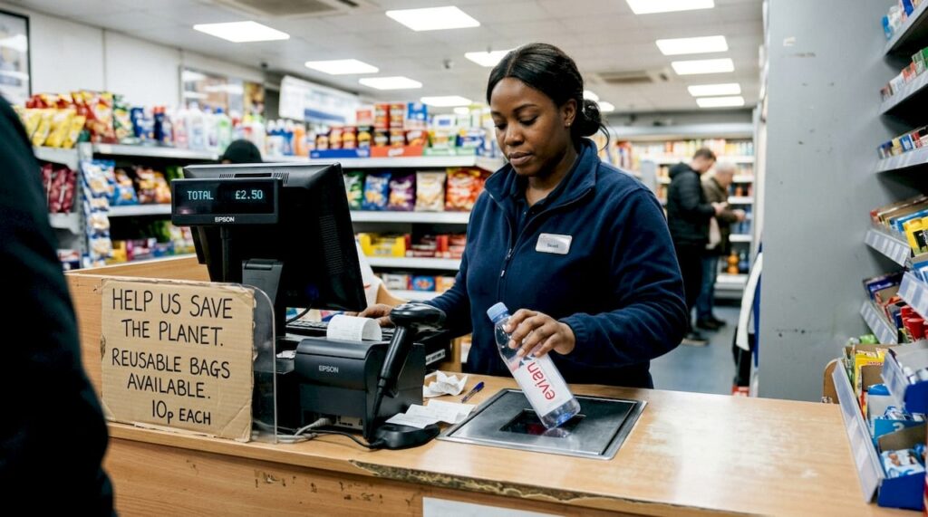 Retail cashier using POS peripherals during checkout