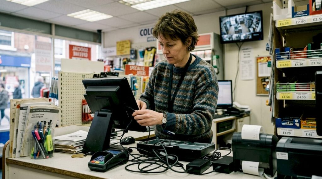 Shop manager setting up new POS terminal