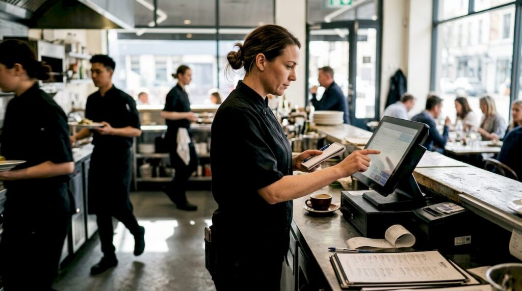 Restaurant manager using POS at busy bistro
