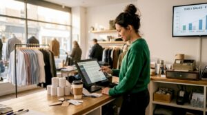 Retail manager using cloud POS at counter