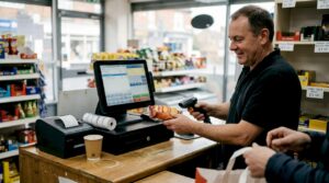 Shopkeeper using POS system and barcode scanner