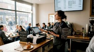 Café manager updating digital menu board