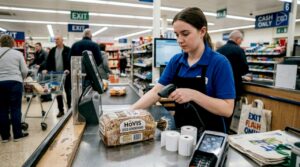 Cashier scanning barcodes at supermarket checkout