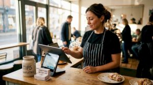 Café owner using cloud POS at counter