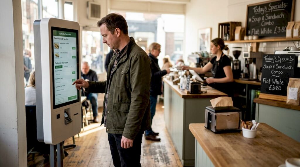 Customer interacting with self-ordering kiosk in café