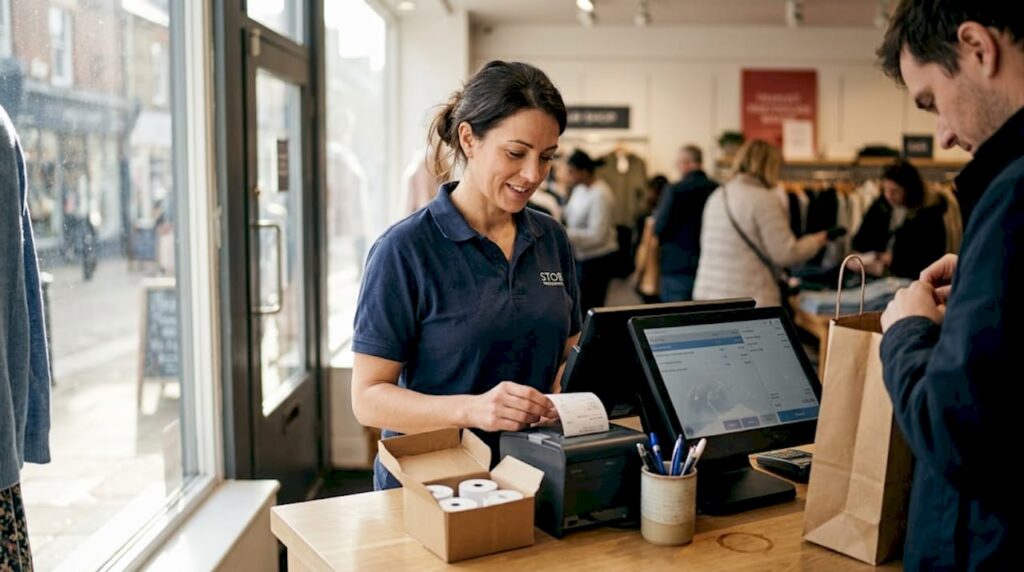 Cashier prints receipt at retail POS