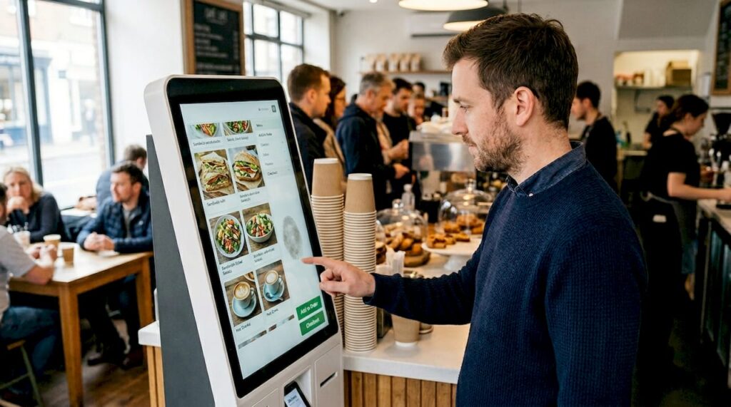 Customer using self-service POS kiosk in café