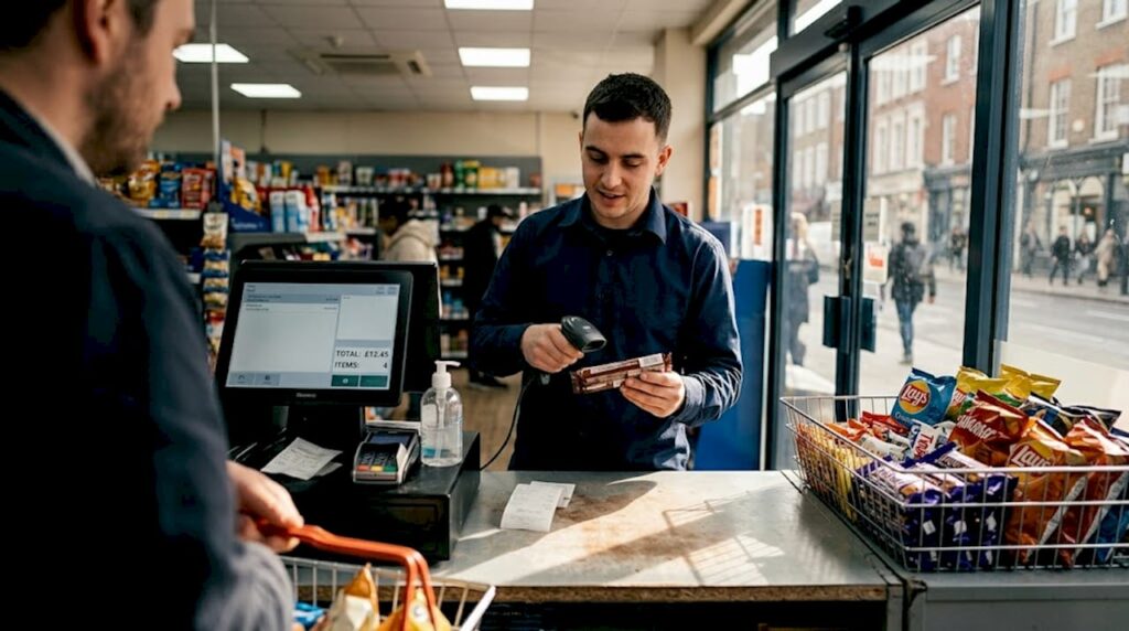 Cashier operating retail checkout POS system