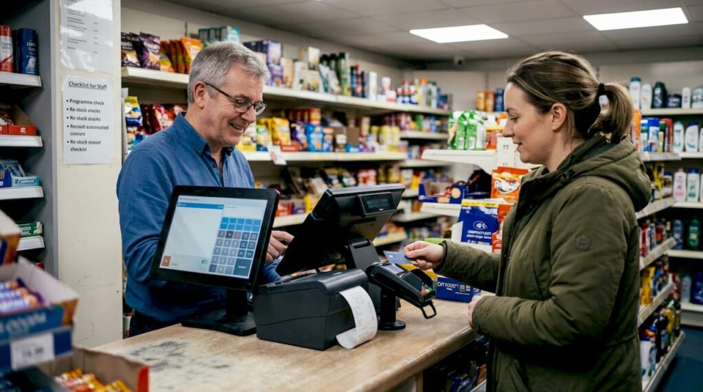 Manager and customer using POS system