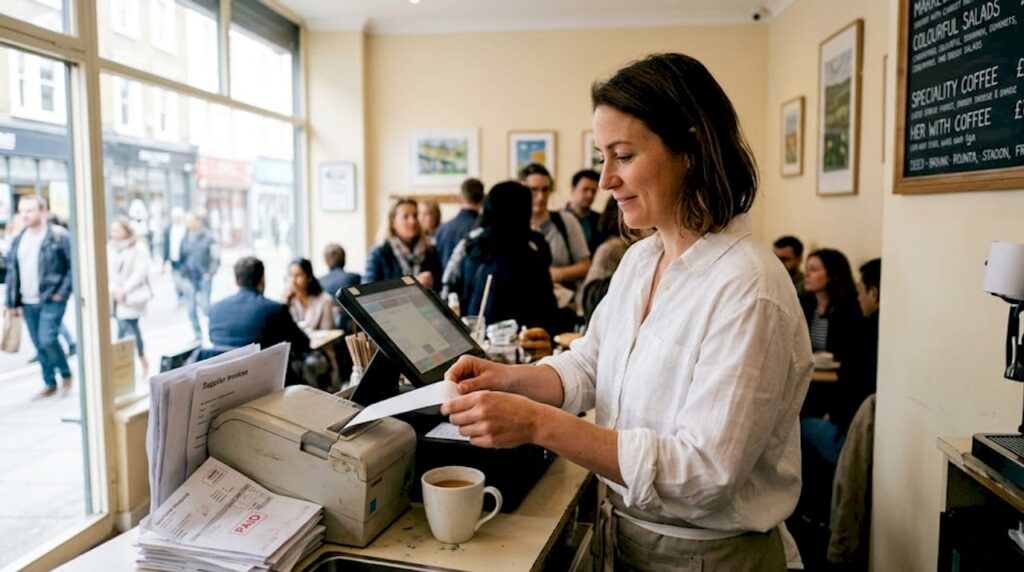 Café worker loading thermal printer at till