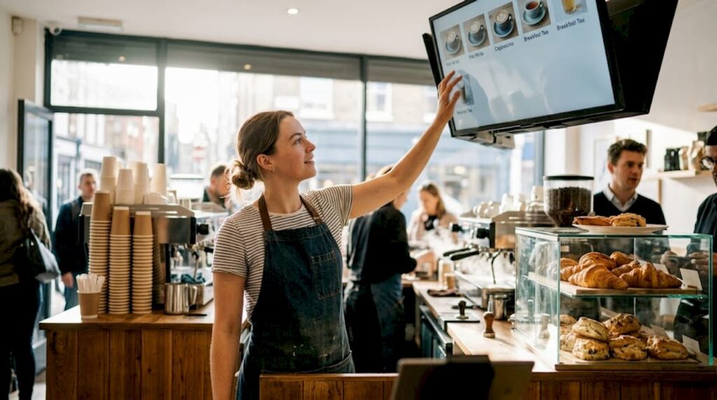 Barista updating digital menu display in café