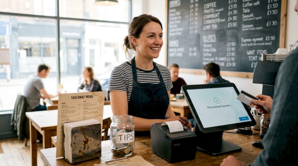 Barista using POS system to take payment