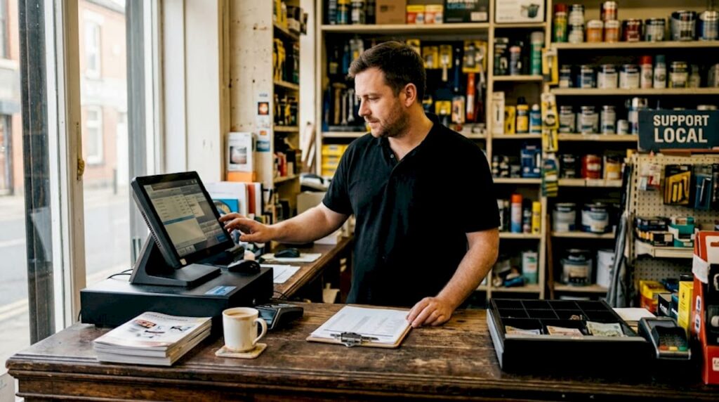 Shop manager reviewing point-of-sale alternatives at counter