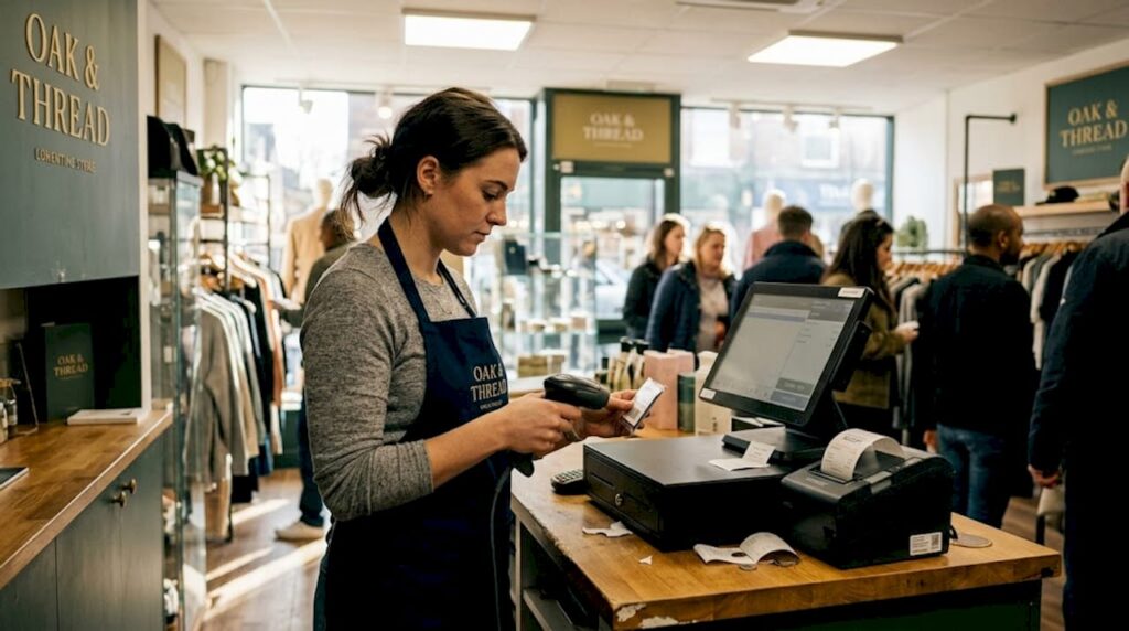 Retail worker scans item at POS counter