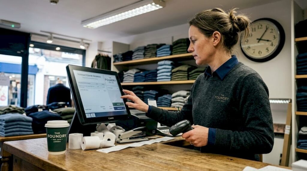 Retail manager at POS terminal in shop