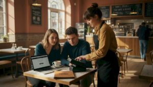 Waitress using portable POS at café table